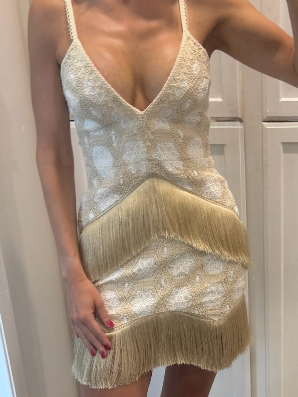 PatBO Beige and White Fringe Dress